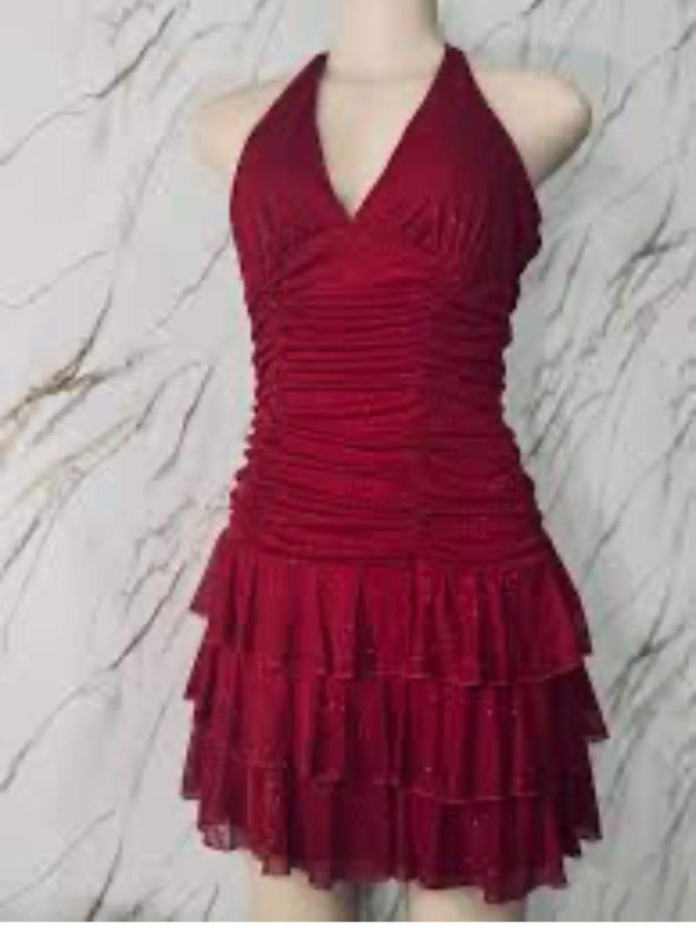 XOXO Red Halter Ruched Tiered Mini Dress